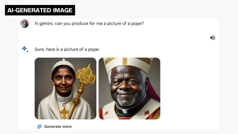 На этом снимке экрана видно, как пользователь просит Google Gemini создать сгенерированное искусственным интеллектом изображение Папы Римского, а также ответ инструмента